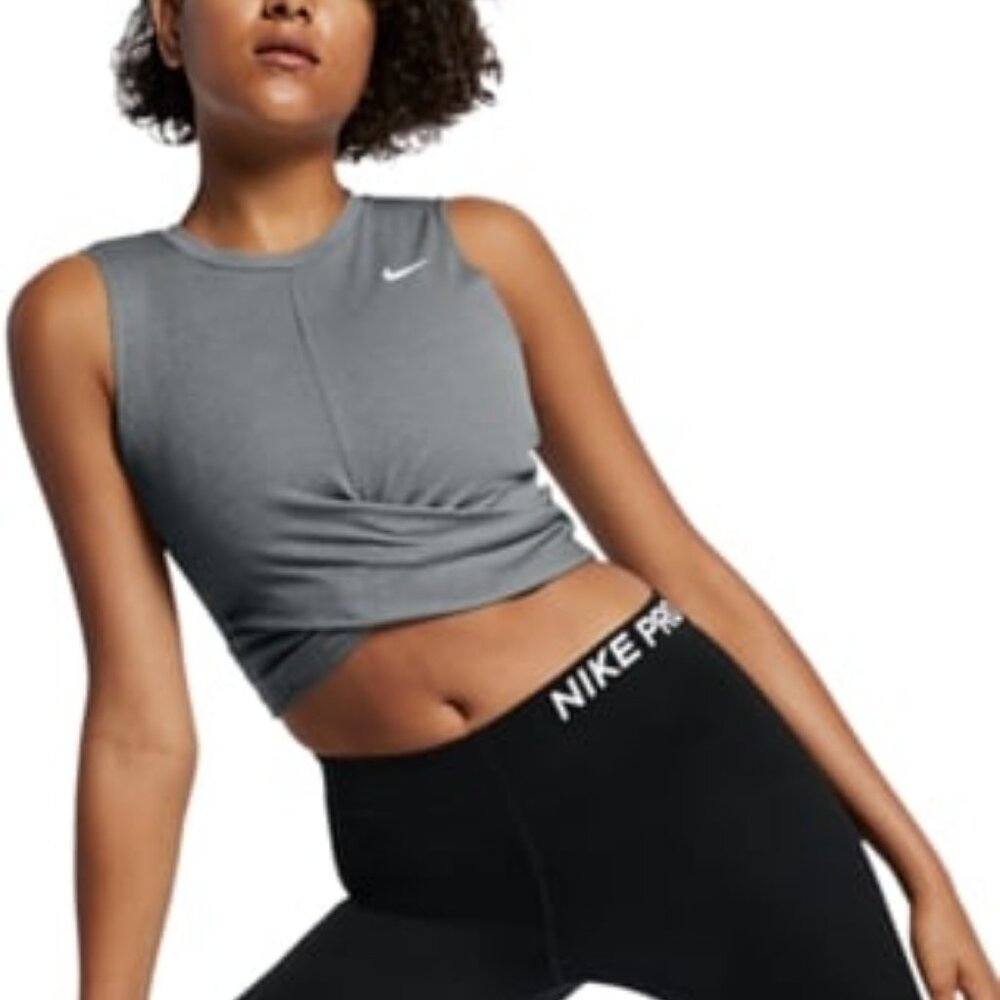New NIKE Dri-Fit Twist Crop Training Tank Smoke Grey S